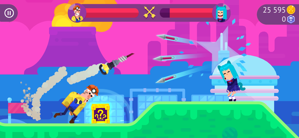 Captura de pantalla de la jugabilidad de Bowmasters que muestra un duelo entre dos personajes de dibujos animados que usan armas de proyectiles únicas en un paisaje colorido y estilizado