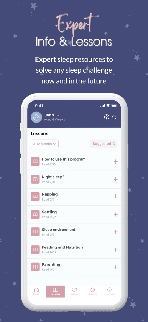 Little Ones™ - Little Ones app interface showing a list of expert baby sleep and parenting lessons.