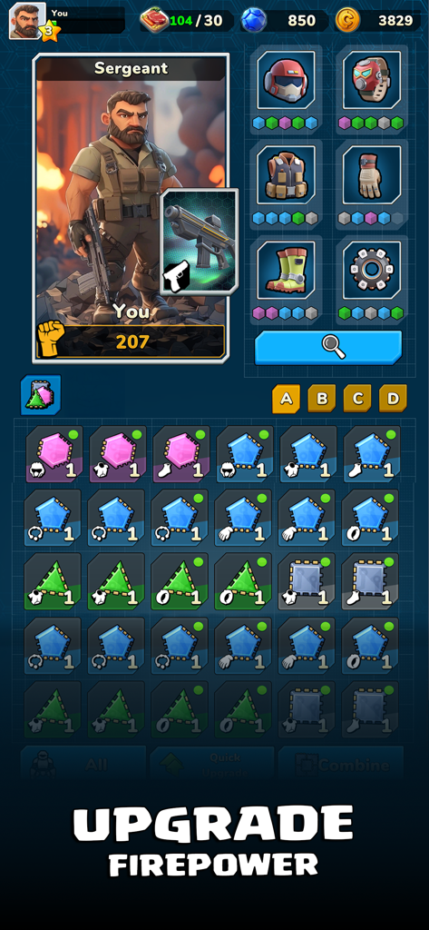 Last Legion: Tower Defense TD - Hero equipment and gear upgrade screen in Last Legion Tower Defense game