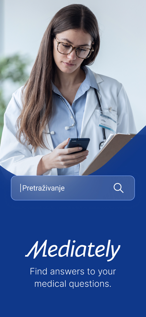 Mediately Baza Lekova - A female doctor in a white coat looking at her smartphone with the Mediately app search bar and logo displayed