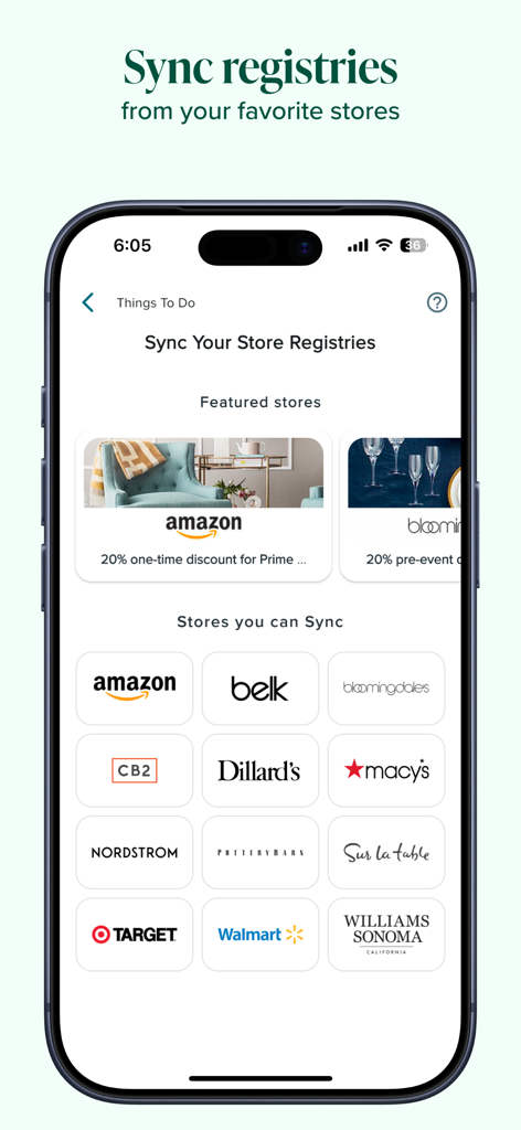 MyRegistry app interface showing how users can sync gift registries from major retailers like Amazon Target and Macy's.