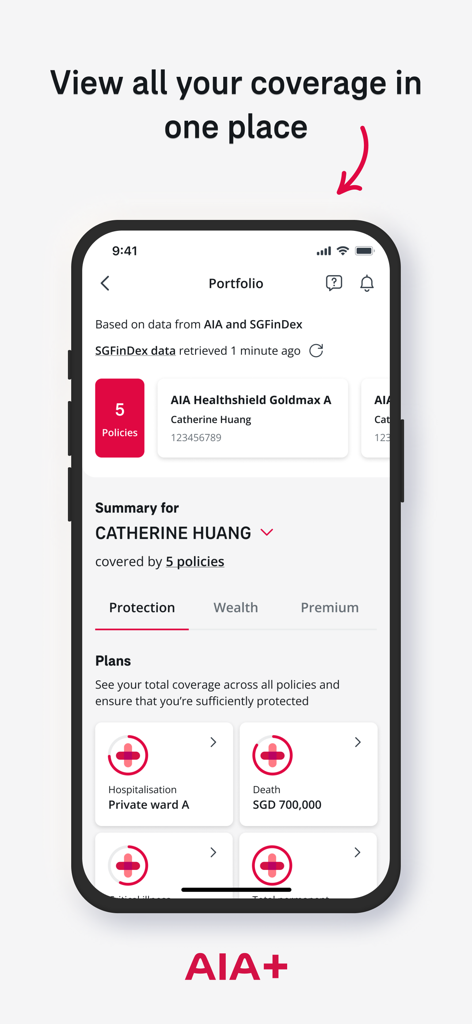 Pantalla de la aplicación AIA+ Singapur que muestra la cartera de seguros y los planes de protección de un usuario.