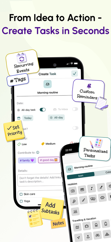 Interface of Simplified AI Daily Planner showing task creation with subtasks tags and priority levels