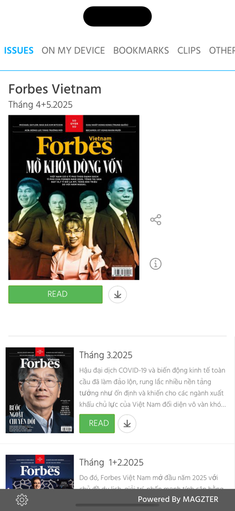 Una biblioteca digital dentro de la aplicación Forbes Vietnam que muestra varios números de revistas mensuales y un botón de lectura.