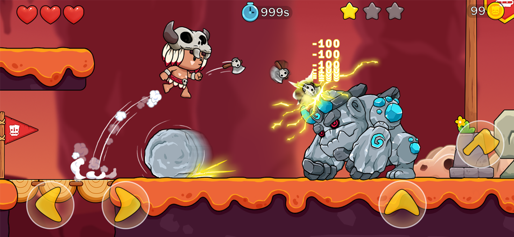 Jungle Adventure: Tribe Boy - Personagem Tribe Boy saltando e jogando machados em um grande chefe monstro de pedra em um jogo de plataforma de rolagem lateral.