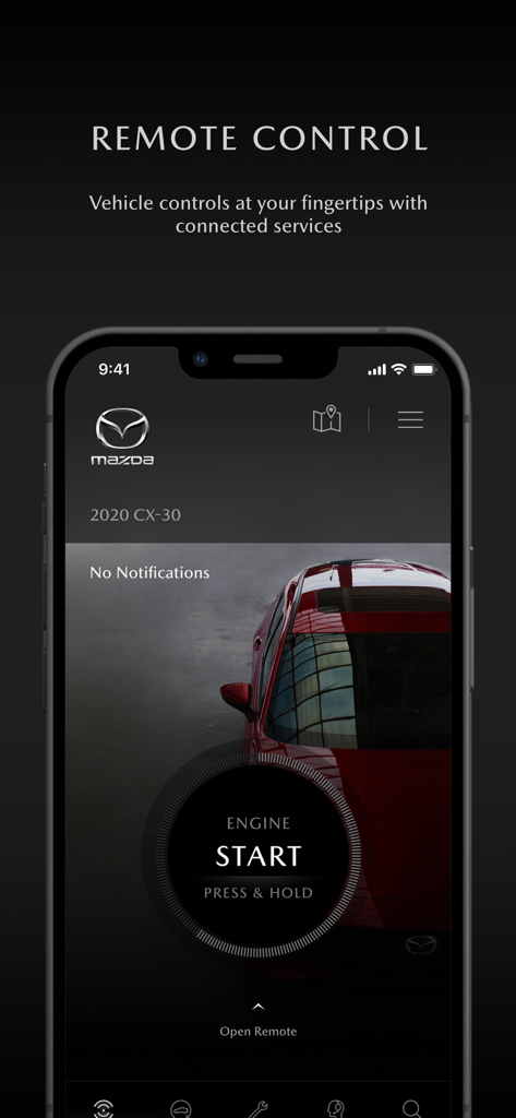 マツダCX-30のリモートエンジンスタート機能が表示されたMyMazdaアプリのスマートフォン画面。