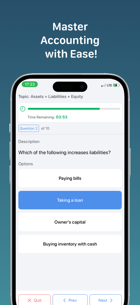 Accounting Quiz+ - Accounting Quiz app interface showing a multiple choice question about increasing liabilities
