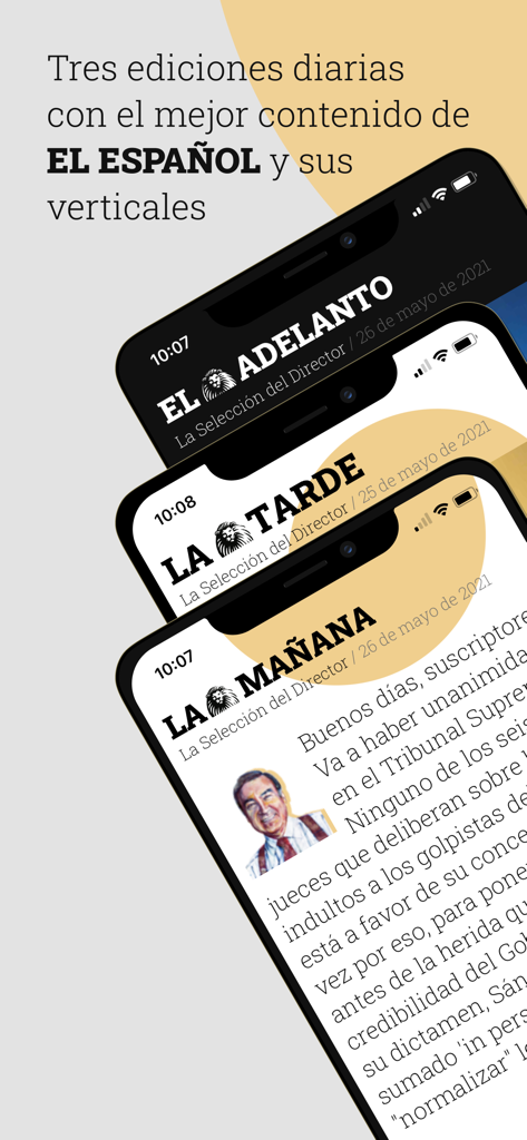Aplicación móvil de El Español que muestra tres ediciones de noticias diarias en pantallas de smartphone.