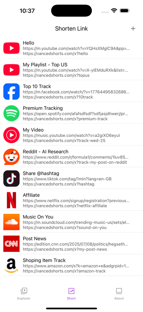 Ube block ads on videos - Interface of the Ube app showing a list of shortened links for platforms like YouTube Facebook and Spotify