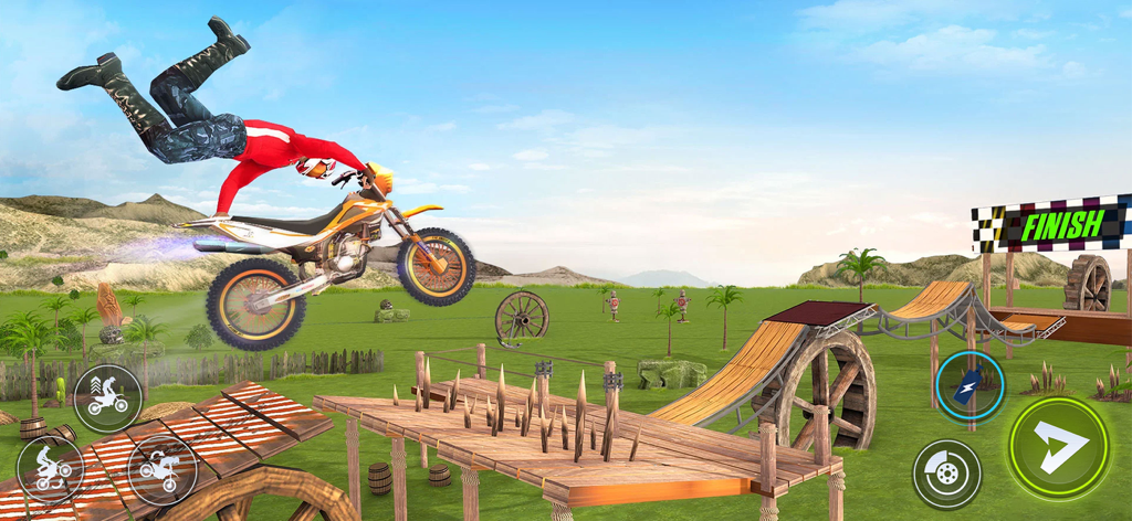 Bike Stunt Race Master 2 - 바이크 스턴트 레이스 마스터 2에서 나무 경사로와 스파이크 위에서 공중에서 물구나무 서기 스턴트를 하는 오토바이 라이더