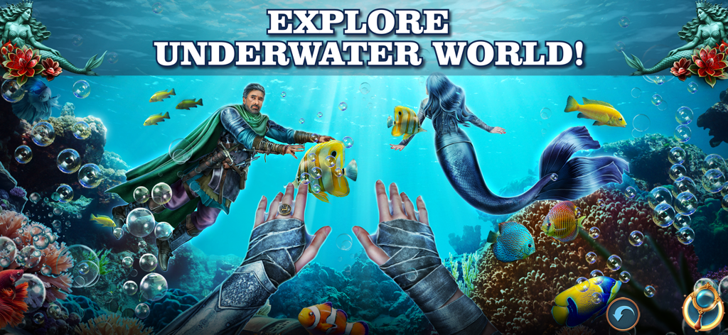Hidden Objects: Journey F2P - Escena de juego submarina con un cazador y una sirena con peces de colores