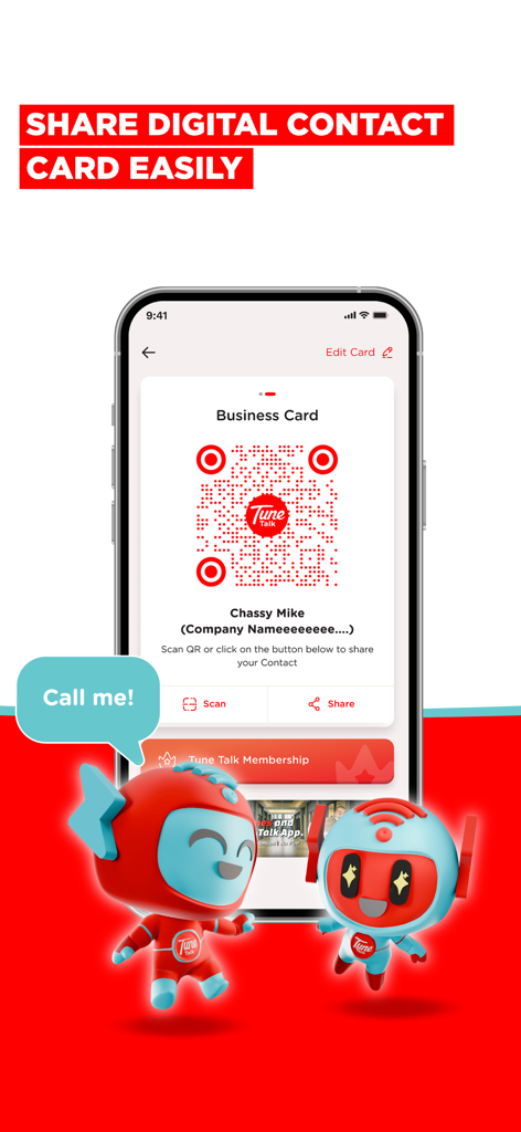 Tune Talk - Tune Talk app interface showing a digital business card with a QR code for sharing contact information