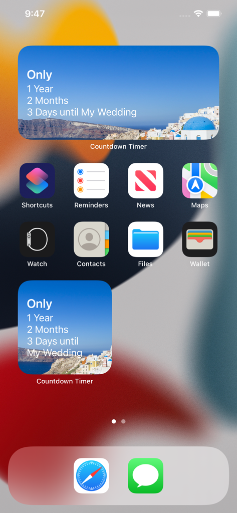 iPhone home screen featuring aesthetic wedding countdown widgets with a scenic Santorini background