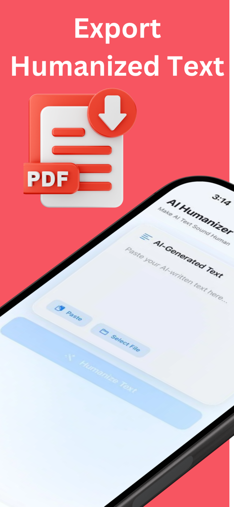 人間化されたテキストをPDFファイルとしてエクスポートするオプションを示すAI人間化アプリのインターフェース