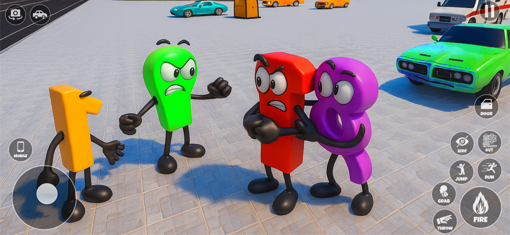 Quatre personnages numériques anthropomorphes se confrontant dans un parking de ville