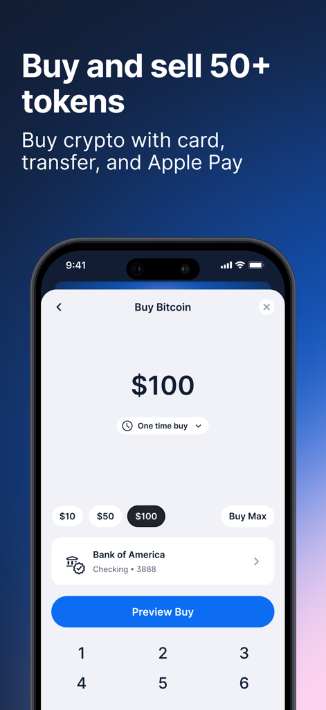 Blockchain.com: Buy Bitcoin - iPhone의 Bank of America 계정을 사용하여 100달러 상당의 비트코인을 구매하는 사용자를 보여주는 Blockchain.com 앱 인터페이스