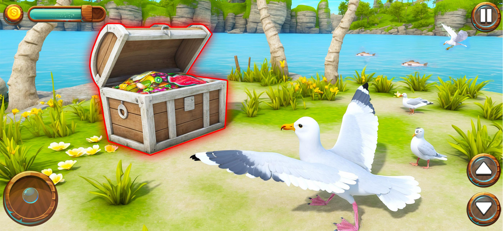 Seagull Bird Life Simulator - A seagull standing near a treasure chest filled with fruit on a tropical island beach