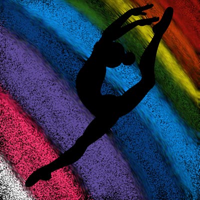 gymnast doing a leap in a leotard with a bent back leg