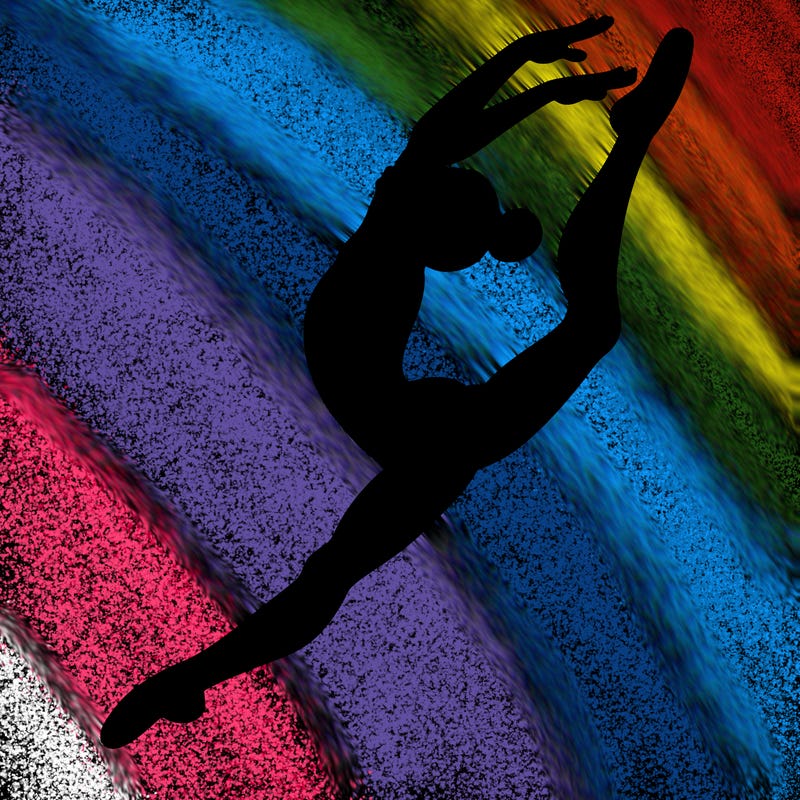 gymnast doing a leap in a leotard with a bent back leg