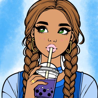 realistic girl with braided hair drinking boba