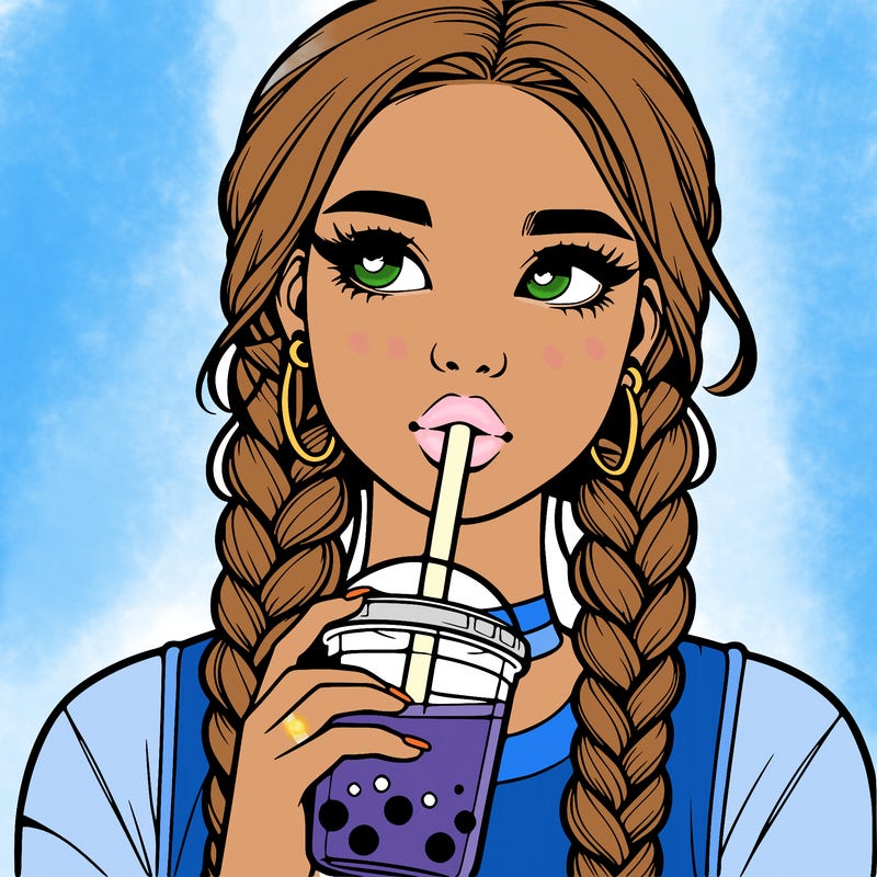 realistic girl with braided hair drinking boba
