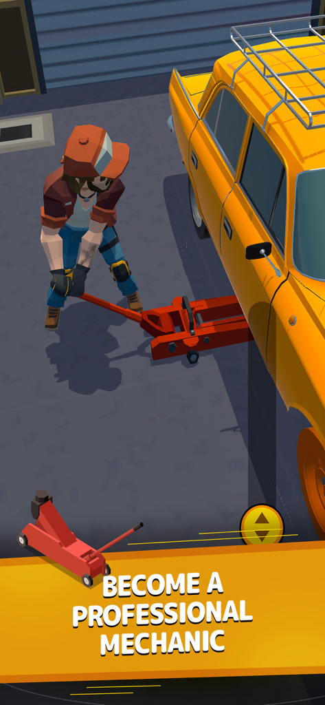 Mechanic Simulator - 캐릭터가 빨간색 플로어 잭을 사용하여 정비소 시뮬레이터 게임에서 노란색 빈티지 자동차를 들어 올리는 모습.