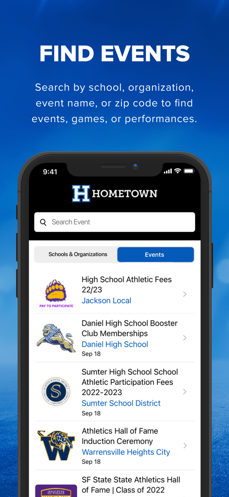 Hometown Fan - Hometown Fan app showing the search screen for local school events and athletic fees