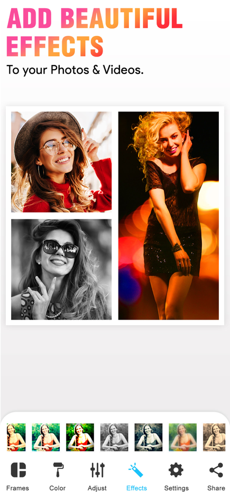 Une interface mobile permettant d'ajouter des effets artistiques et des filtres à une mise en page de collage photo et vidéo.