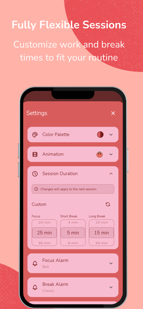 Einstellungsbildschirm der Pomodoro Timer App, der anpassbare Dauer für Fokusarbeit und Pausensitzungen anzeigt