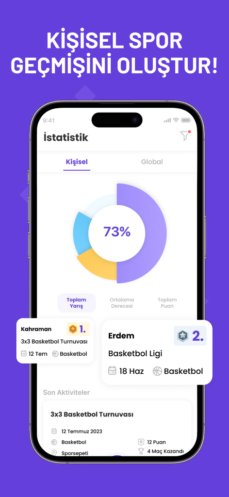 Sporsepeti - Sporsepeti app interface displaying personal sports performance statistics and basketball tournament rankings.