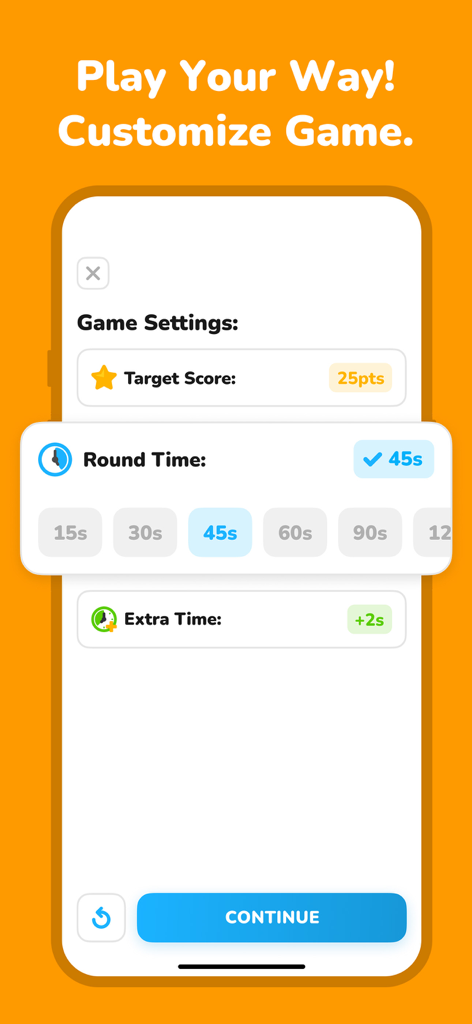 Charades - Explosive Seconds - Screen showing game settings for Charades Explosive Seconds where users can customize the target score and round time