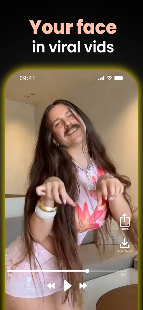 FaceAi: Face Swap Any Video - Una pantalla de smartphone que muestra un intercambio de rostro humorístico con IA de la cara de un hombre sobre el cuerpo de un bailarín en un video viral