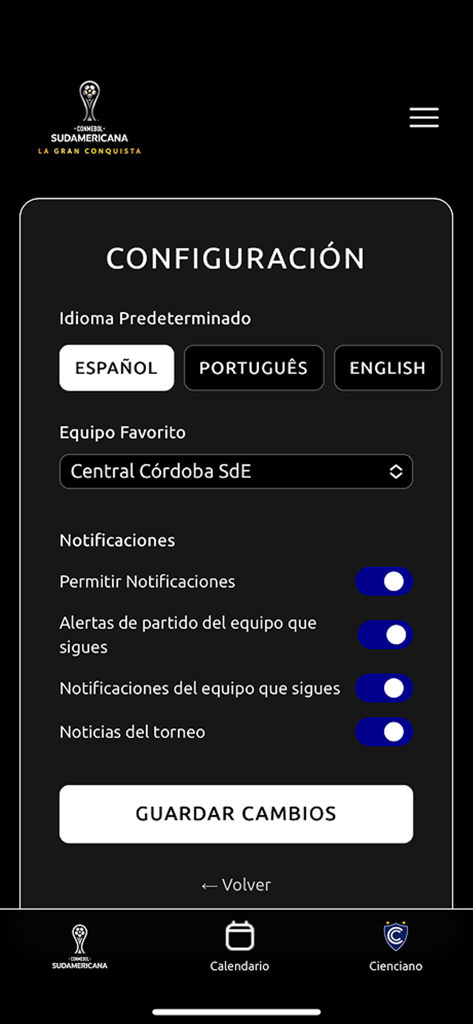 CONMEBOL Sudamericana - Pantalla de configuración de la app CONMEBOL Sudamericana con selección de idioma, selector de equipo favorito y activadores de notificación