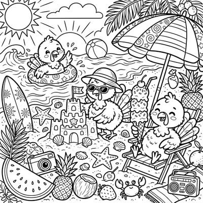 Embark on a heartwarming summer adventure with our charming baby turkeys! This delightful coloring page captures the joy of a beach vacation, from building sandcastles to enjoying delicious ice cream.