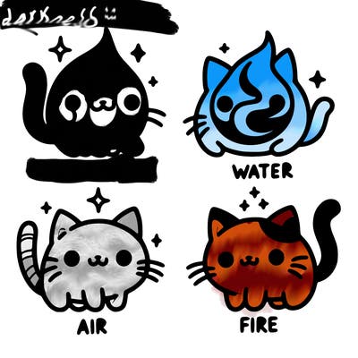 4 cats that represent the different elements, earth, water, air, and fire