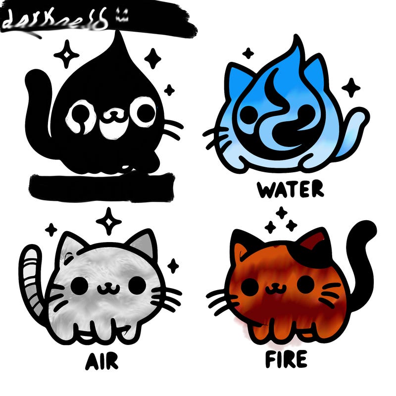 4 cats that represent the different elements, earth, water, air, and fire