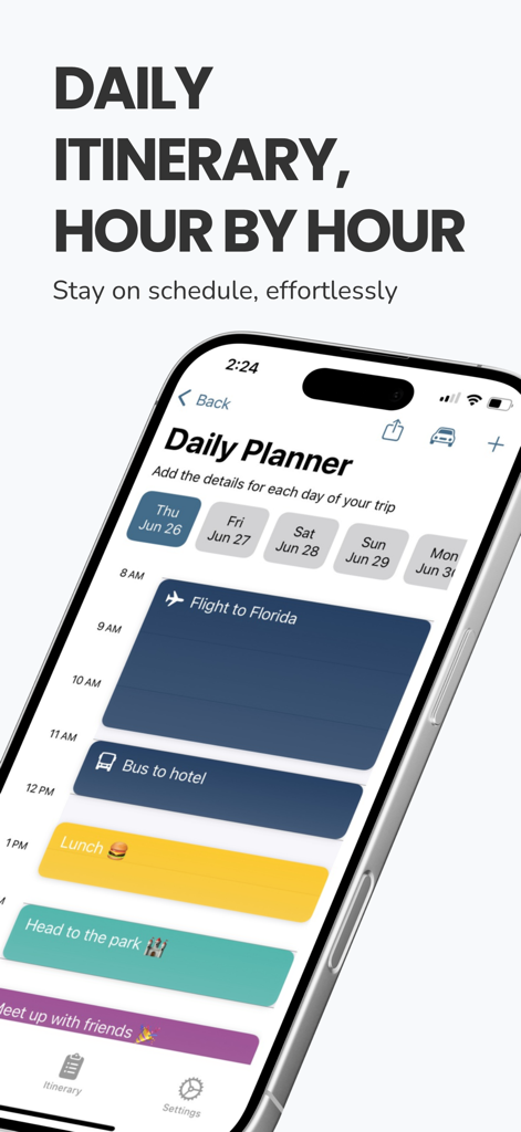 Pocket Trip Planner - A mobile screen showing a detailed daily travel itinerary with color coded events and hour by hour scheduling