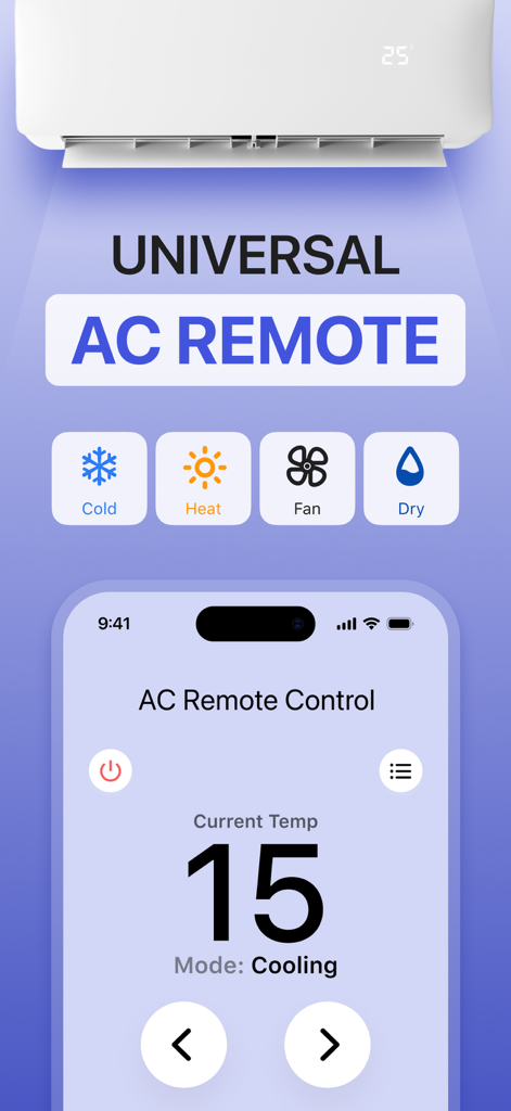 Universal AC Remote Control . - 冷却設定を備えたユニバーサルエアコンリモートコントロールアプリが表示されたスマートフォン