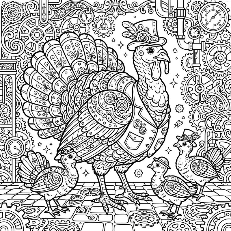 Step into a fantastical world where nature meets machinery with this captivating steampunk female turkey and her charming chicks. Immerse yourself in intricate gears, elegant Victorian details, and a delightful retro-futuristic scene ready for your creative touch.