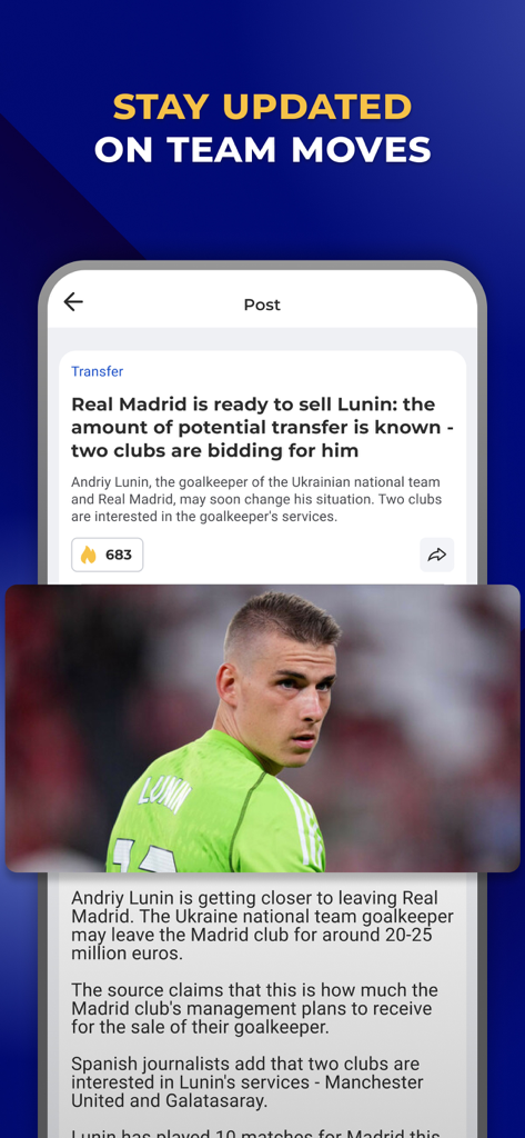 Captura de tela do aplicativo de futebol Tribuna mostrando uma postagem de notícias sobre a transferência de um jogador