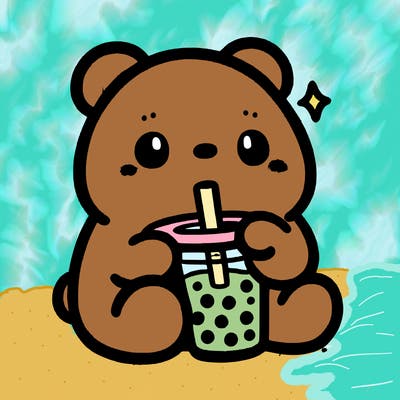 a cute bear drinking boba