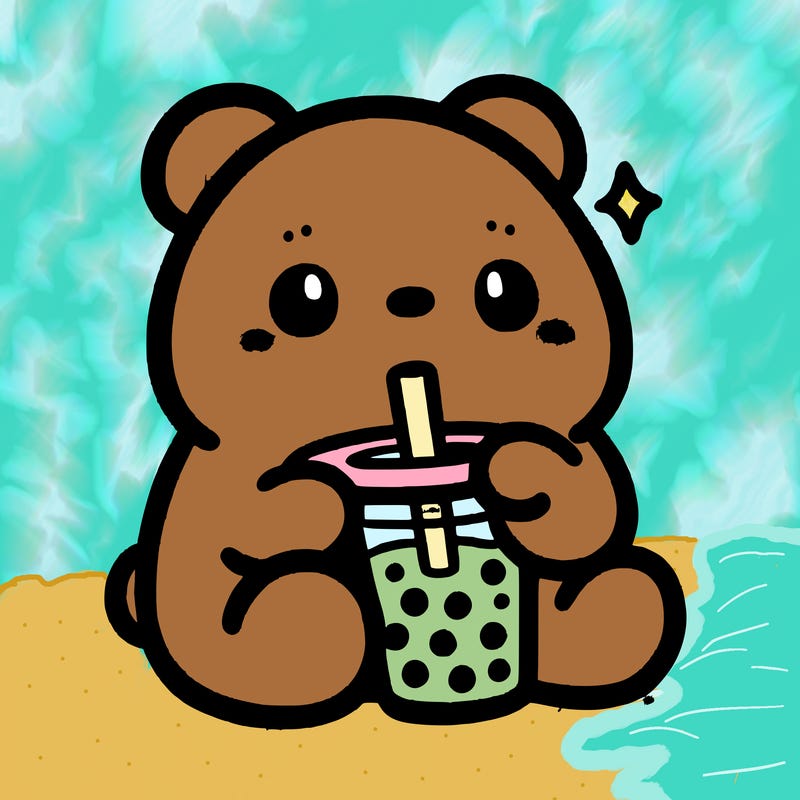 a cute bear drinking boba