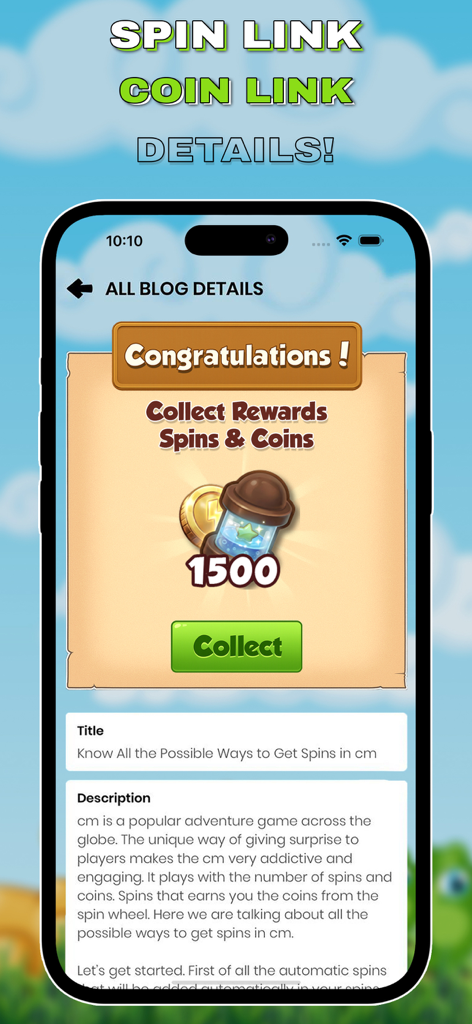 Mobile app interface showing a congratulations message with 1500 spins and coins rewards to collect