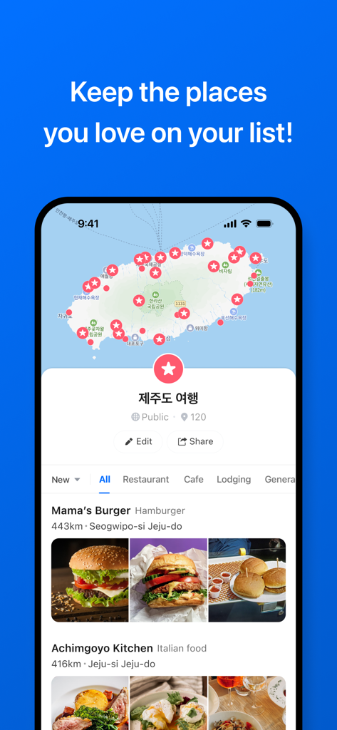 Interfaz de la aplicación NAVER Maps mostrando una lista guardada de restaurantes y un mapa de la isla de Jeju para la planificación de viajes