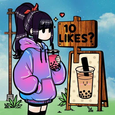 girl with oversized hoodie drinking boba and she has a high ponytail with a sign that says 10likes?