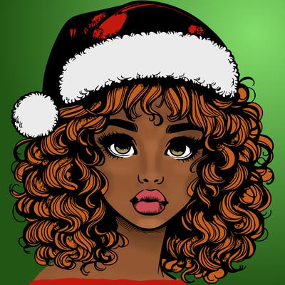 realistic girl with a santa hat curly hair and lips