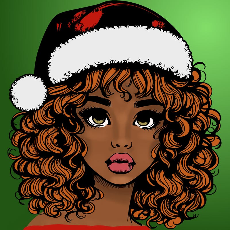realistic girl with a santa hat curly hair and lips