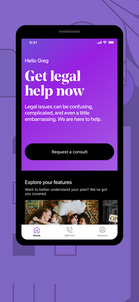 The LegalShield app home screen displaying a request a consult button and options for family legal services