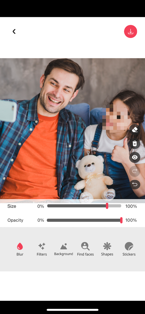Blur photo effect editor app - Interface of the Blur photo effect editor app showing a pixelated face for privacy protection