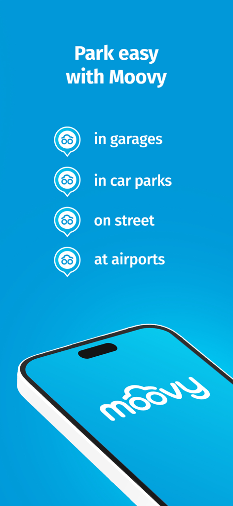 Moovy, Finnish parking app - ガレージ、駐車場、路肩、空港の駐車オプションを表示するMoovyアプリの画面